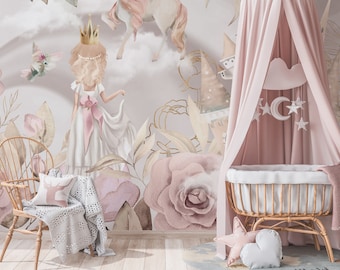 Fondo de pantalla de pequeños príncipes, fondo de pantalla para niños, princesas con rosas rosadas, castillo de hadas de unicornio mágico, fondo de pantalla para niñas.