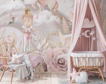 Unicorns Wall Mural, Girls Nursery Wallpaper, Fantasy World, Castle on ...