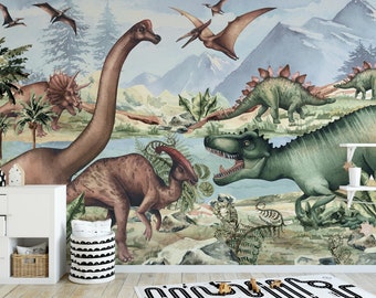 Dinosaurios prehistóricos, Papel pintado para niños, Papel pintado para niños, Mundo de dinosaurios, Papel pintado grande Egzotic Acuarela hecha a mano.