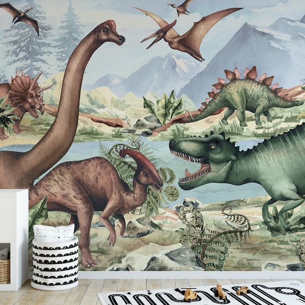 Prehistoric Dinosaurs, Kids Wallpaper, Wallpaper for boys, Dinosaur World, Large Egzotic wallpaper Hand Made Watercolor.