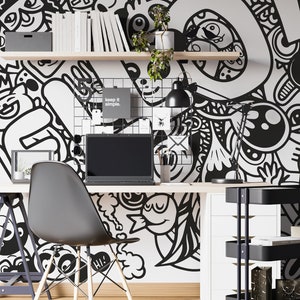 Tapeta Doodle Art HELLO, Tapeta dla chłopców, Doodle Art Mural, Tapeta z efektem rysowania ręcznego