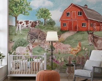 Mural Farm Wallpaper, Fondo de pantalla para niños, Fondo de pantalla de granja, Tema de campo, Animales de granja, Acuarela hecha a mano.