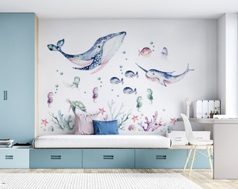 Sticker mural océan, sticker mer, récif de corail, baleine, narval, tortue, poisson, stickers aquarelle