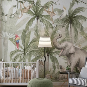 Jungle Walk Wallpaper, Tiere im Dschungel, glücklicher Elefant, Kindertapete, handgemaltes Aquarell.