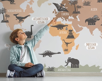 Kids World Map Wallpaper Dinosaur Peel and Stick, décalcomanie murale de dinosaure, autocollants muraux de dinosaures carte du monde, salle Jurassic World