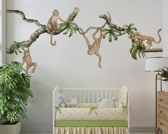 Pegatinas de pared de mono, calcomanía de pared de Safari, calcomanía de pared de la selva, calcomanía de mono, decoración de vivero de Safari, calcomanías de pared para niños