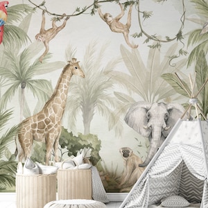 Carta da parati WILD JUNGLE, Carta da parati per bambini, Carta da parati giungla, Animali nella giungla, Scimmie, Giraffa ed elefante, Acquerello