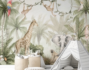 Fond d'écran WILD JUNGLE, papier peint pour enfants, fond d'écran Jungle, animaux dans la jungle, singes, girafe et éléphant, aquarelle