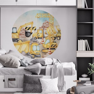 Round Wall Decal with Construction Vehicles, Excavator Wall Stickers for Boys