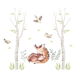 Birch Trees and deer Wall Decal Forest Animal bird decal Woodland Watercolor Wall Tree Decals image 5