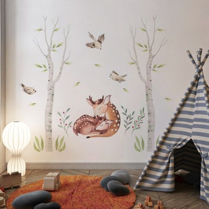 Birch Trees and deer Wall Decal Forest Animal bird decal Woodland Watercolor Wall Tree Decals image 1