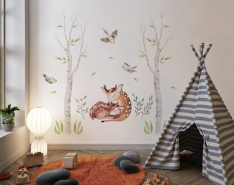 Arbres de bouleaux et cerf Wall Decal • Animal de la forêt • sticker oiseau • Woodland Aquarelle Wall Tree Stickers •