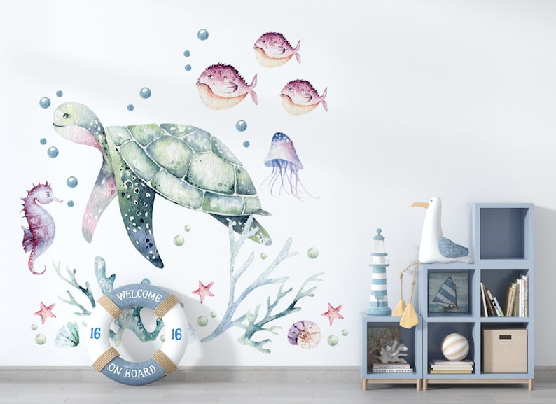 Wandtattoo Meer Wasserschildkröte Aquarell, Meeresschildkröte Wandaufkleber, Meeresschildkröte Wandaufkleber, Meeresschildkröte Wandaufkleber, Kinderzimmer Wandaufkleber Bild 2