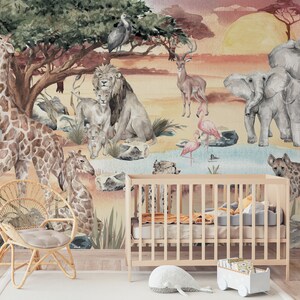 Savanna Sunset Wallpaper, Kids Wallpaper, Wild Animals Near Waterhole, Tropical Wallpaper, Jungle Wildlife Wallpaper,