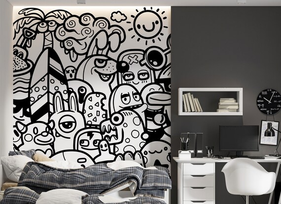 Doodle Art Wallpaper: Hand-drawn Style Mural, Boys Room Decor - Etsy