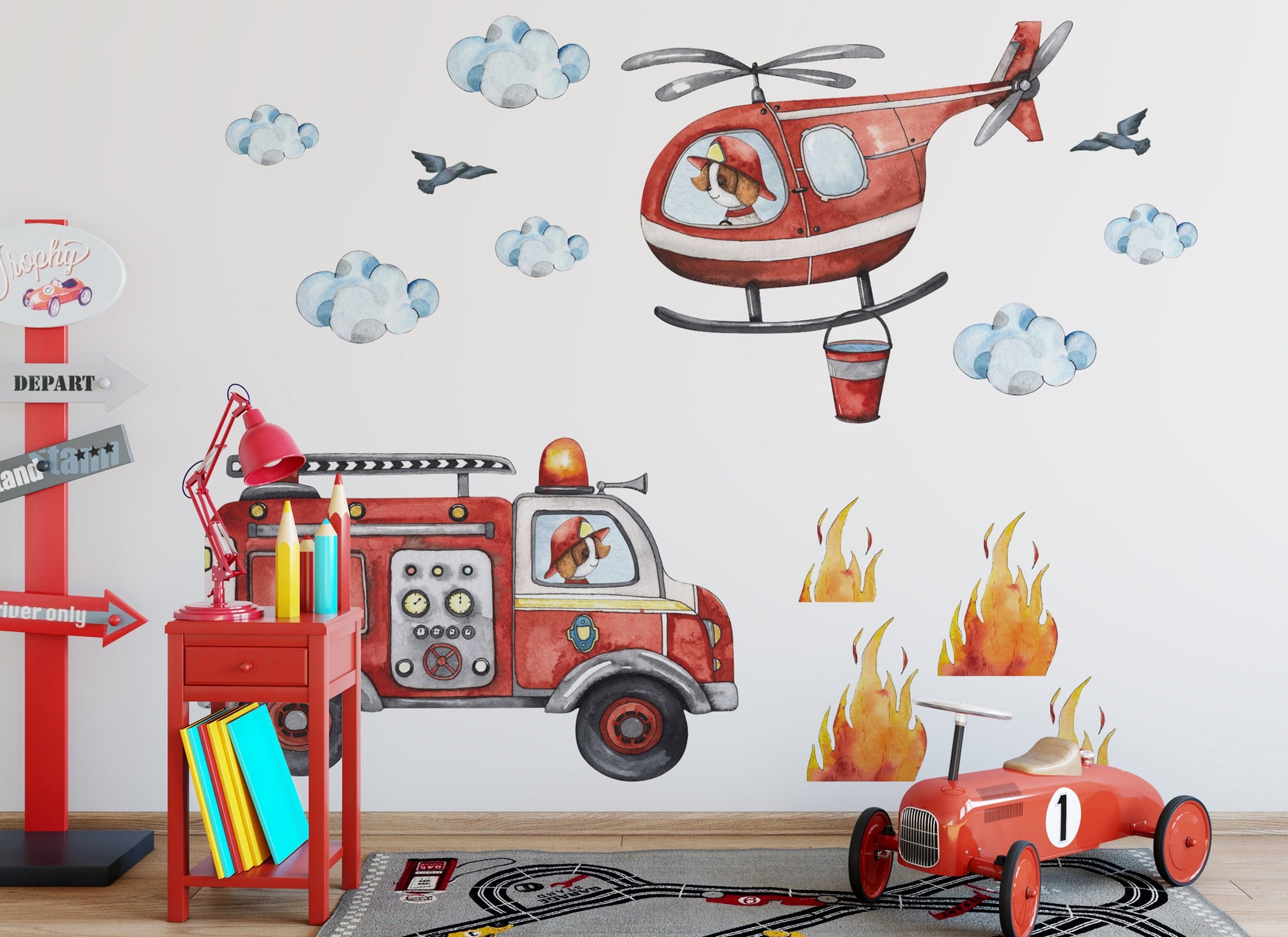 Fire Truck Wall Decal, Firefighter Wall Sticker, Fire Engine Wall Tattoo, Fireman Wall Decal