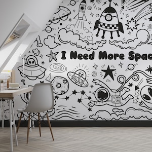 Carta da parati Doodle Art SPACE, Carta da parati per ragazzi, Doodle Art Mural, Carta da parati Effetto disegno a mano
