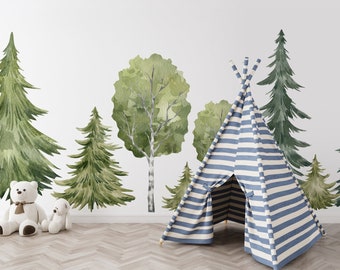 Teling 8 adesivi da parete invernali a forma di fiocco di neve, per cameretta dei bambini, foresta, bosco, alberi, cervi, pini, decorazioni invernali (nero, bianco, grigio