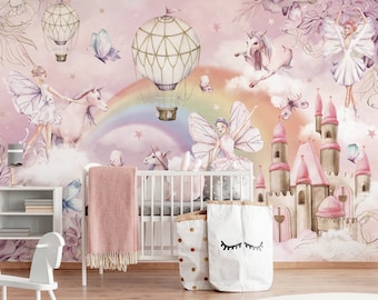 Unicorn and Fairies Wallpaper: Magical Tale Children&#39;s Room Decor