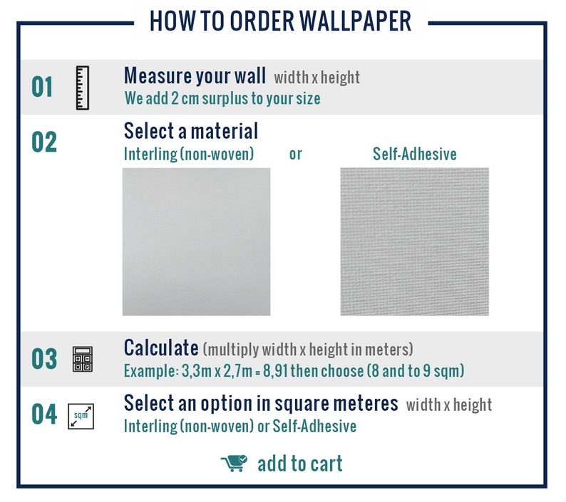 May include: A guide on how to order wallpaper. The steps include measuring your wall, selecting a material, calculating the square footage, and selecting an option in square meters. The materials include Interling (non-woven) and Self-Adhesive.