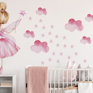 Zestaw naklejek ściennych Pink Fairy z chmurami do pokoju dziecięcego