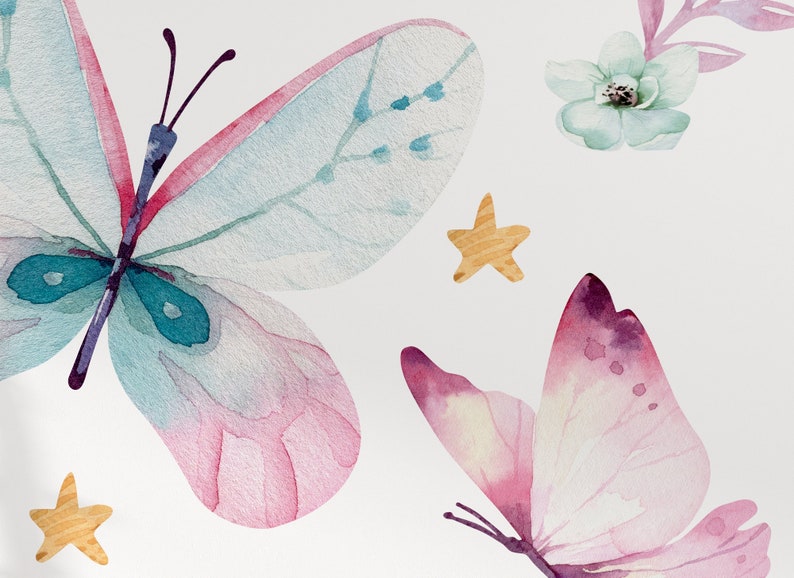 Decalcomania da muro con farfalle per bambini, adesivo farfalle, decalcomania acquerello, stelle adesive, adesivi per ragazze, decorazione camera per ragazze, decorazione asilo nido immagine 3