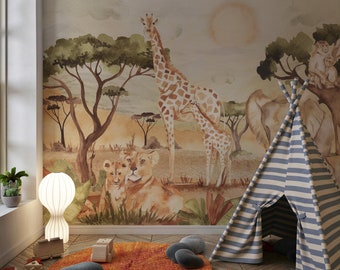 REST ON SAVANNA Wallpaper, Children's Wallpaper, Savannah Wallpaper, Wild Animals, African Animals, Watercolor Style