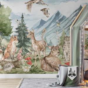 Carta da parati con foresta selvaggia ad acquerello, carta da parati per bambini, animali colorati a riposo, animali amichevoli della foresta, WOODLAND TALES vol.1.