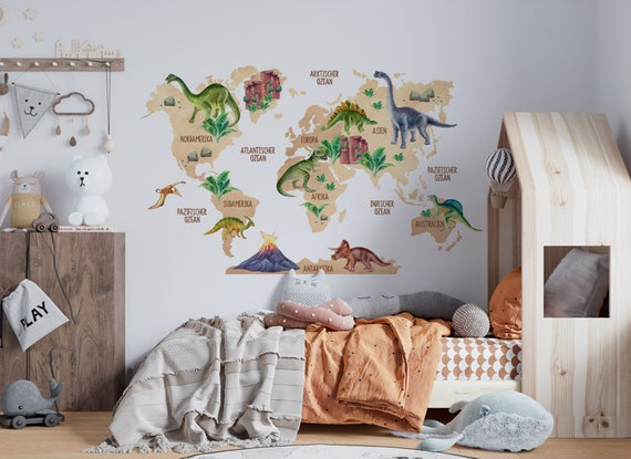 World Room, Map Dinosaurs, Kids Stick Wall - Mural for Decal Interactive Wall With Denmark Map Etsy World Kids Map, Colour Peel and