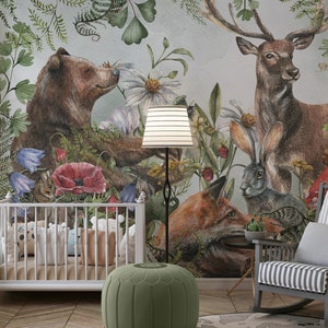 Carta da parati con muschio e felci, carta da parati per bambini, simpatici animali della foresta, grande adesivo da parete floreale, fiori colorati della foresta.