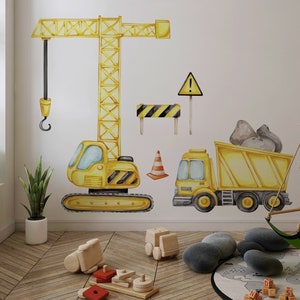 Construction Machinery Wall Stickers, Self-Adhesive Excavator Decals for Kids Room with Crane