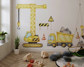 Construction Machinery Wall Stickers, Self-Adhesive Excavator Decals for Kids Room with Crane