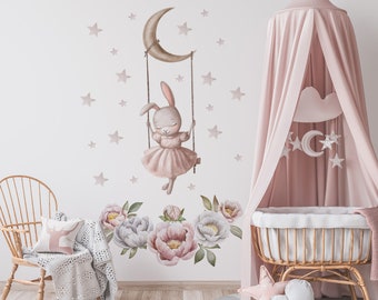 Cute Bunny Wall Decal, Bunny On Swing Wall Sticker, Decalcomanie da muro di peonia, Decalcomanie da muro di stelle, Decorazione della stanza della ragazza, Adesivo da parete per una ragazza