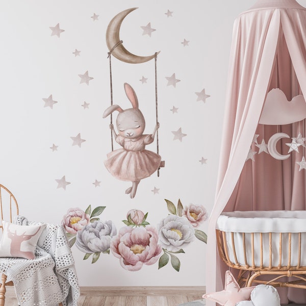 Sticker mural lapin mignon, sticker mural lapin sur balançoire, sticker mural pivoine, sticker mural étoiles, décoration de chambre de fille, sticker mural pour une fille