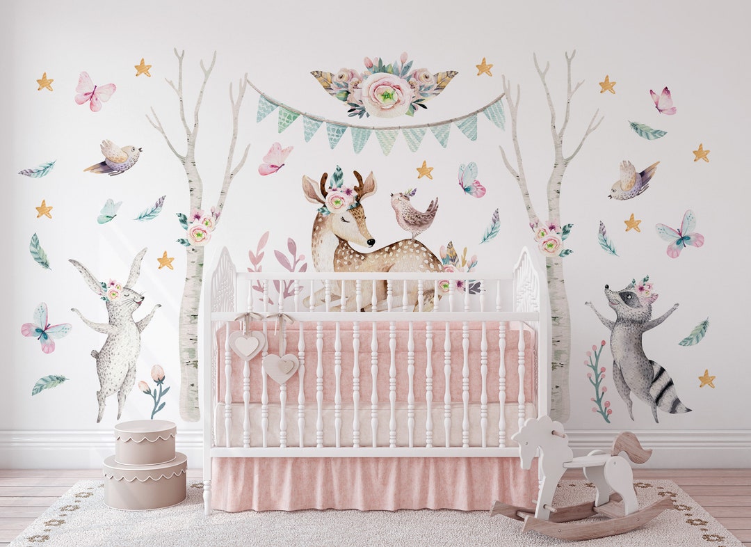 Forest Animals Wall Decal Set With Birch Trees and Deer, Butterflies ...