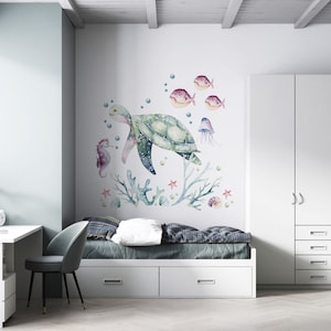 Wandtattoo Meer Wasserschildkröte Aquarell, Meeresschildkröte Wandaufkleber, Meeresschildkröte Wandaufkleber, Meeresschildkröte Wandaufkleber, Kinderzimmer Wandaufkleber Bild 1