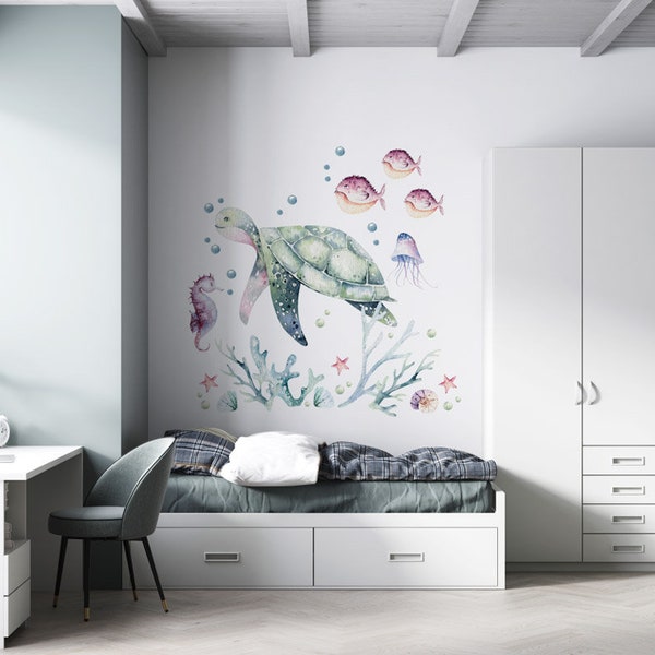 Ocean Wall Decal aquarel, Sea Turtle Wall Art / Sea Turtle Wall Sticker peel and stick, onderwater Nursery muursticker