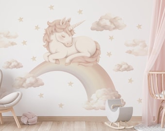 Sticker mural licorne, arc-en-ciel pastel, lot d'autocollants pour chambre de fille