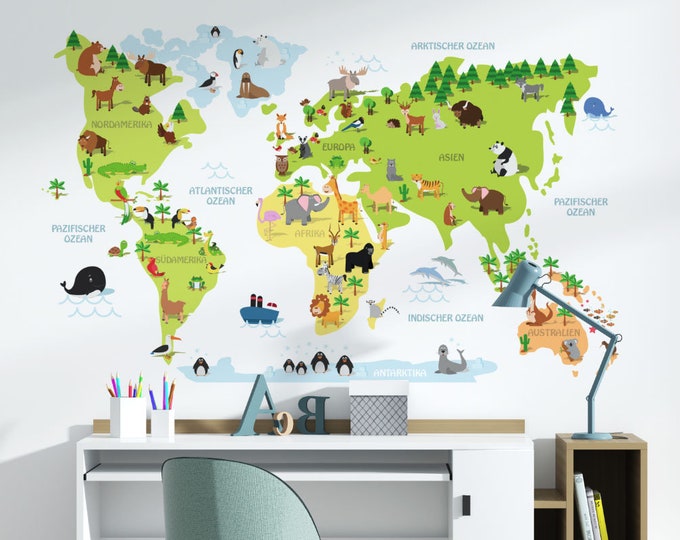 World Map with Animals, Children's Wall Stickers, World Map for Kids, Animal Wall Stickers
