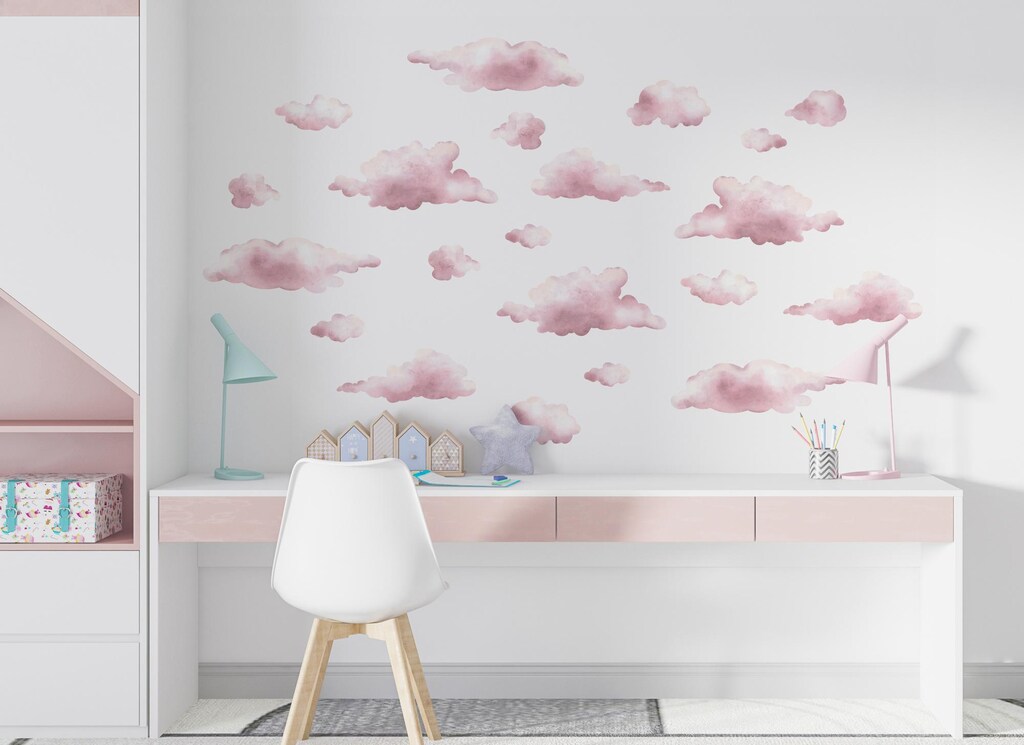 Sacinora Adesivi Murali Nuvole E Stelle Rosa - Decalcomanie In Vinile Rimovibile Per Cameretta Bambini, Soggiorno, Asilo - Foglio 30x90 Cm, Autoadesivo