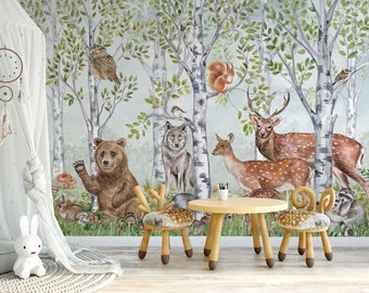 HELLO, BEAR! Wallpaper, Kid's Forest Wallpaper, Boho Wild Animals, Soft Forest Wall Mural  Hand Painted Watercolor, Woodland Animals.