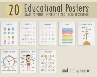 Set of 20 Educational Posters, Montessori Classroom Decor, Homeschool Prints, Alphabet Chart, ABC Poster, Toddler Room Decor, Art Printable