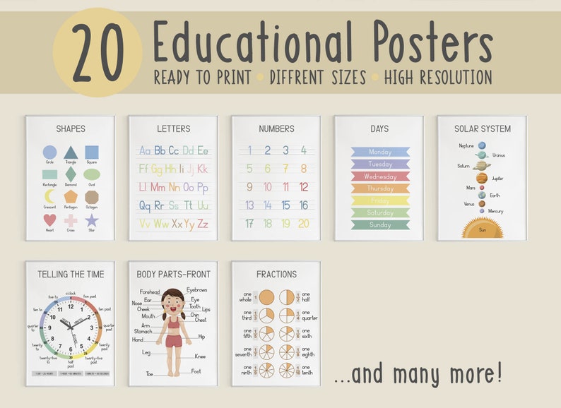 Set of 20 Educational Posters, Montessori Classroom Decor, Homeschool Prints, Alphabet Chart, ABC Poster, Toddler Room Decor, Art Printable image 1