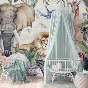 Jungle Animals Wallpaper, Children's Wallpaper, Wild Animals, Elephant Wallpaper, Colorful Animals, Watercolor.