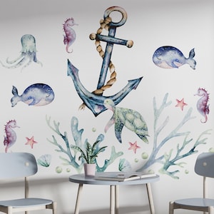 Watercolor Ocean Wall Decal: Peel and Stick Anchor for Kids Room