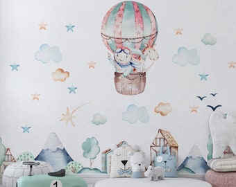 Calcomanía de pared de globo aerostático, calcomanía de pared de estrellas pastel, pegatinas de pared de nubes, pegatinas de pared para niños, decoración de dormitorio de niños, calcomanía de guardería