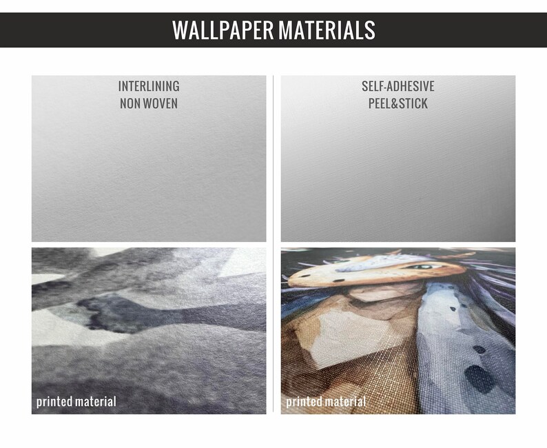 May include: Close-up of two different wallpaper materials. The top left image shows a white, textured, non-woven interlining material. The top right image shows a white, textured, self-adhesive peel and stick material. The bottom left image shows a close-up of a printed material with a black and white abstract design. The bottom right image shows a close-up of a printed material with a colorful abstract design.