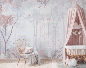 May include: A pink canopy crib with a white cloud and stars hanging from it. The crib is in a room with a light gray and pink forest wallpaper. There is a wicker chair with a white blanket and a pink pillow in the room.