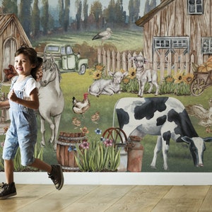 Carta da parati con animali da fattoria per bambini, carta da parati per la cameretta dei bambini, decorazione da parete per la cameretta dei bambini