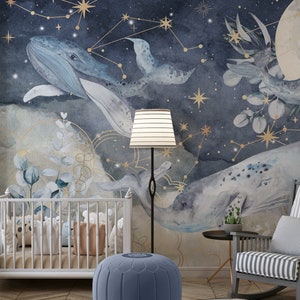 Carta da parati Night Dream, carta da parati per bambini, cielo notturno illuminato dalla luna, balene bianche in volo, mondo assonnato.